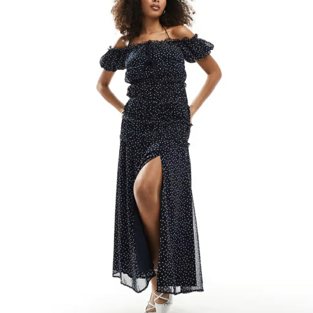 Asos Navy And White Polka Dot Ruched Dress.